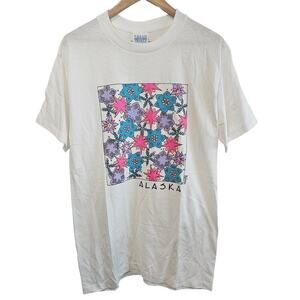 Vintage Alaska Flower T-Shirt Womens Large 90s White Cottage Granny Streetwear